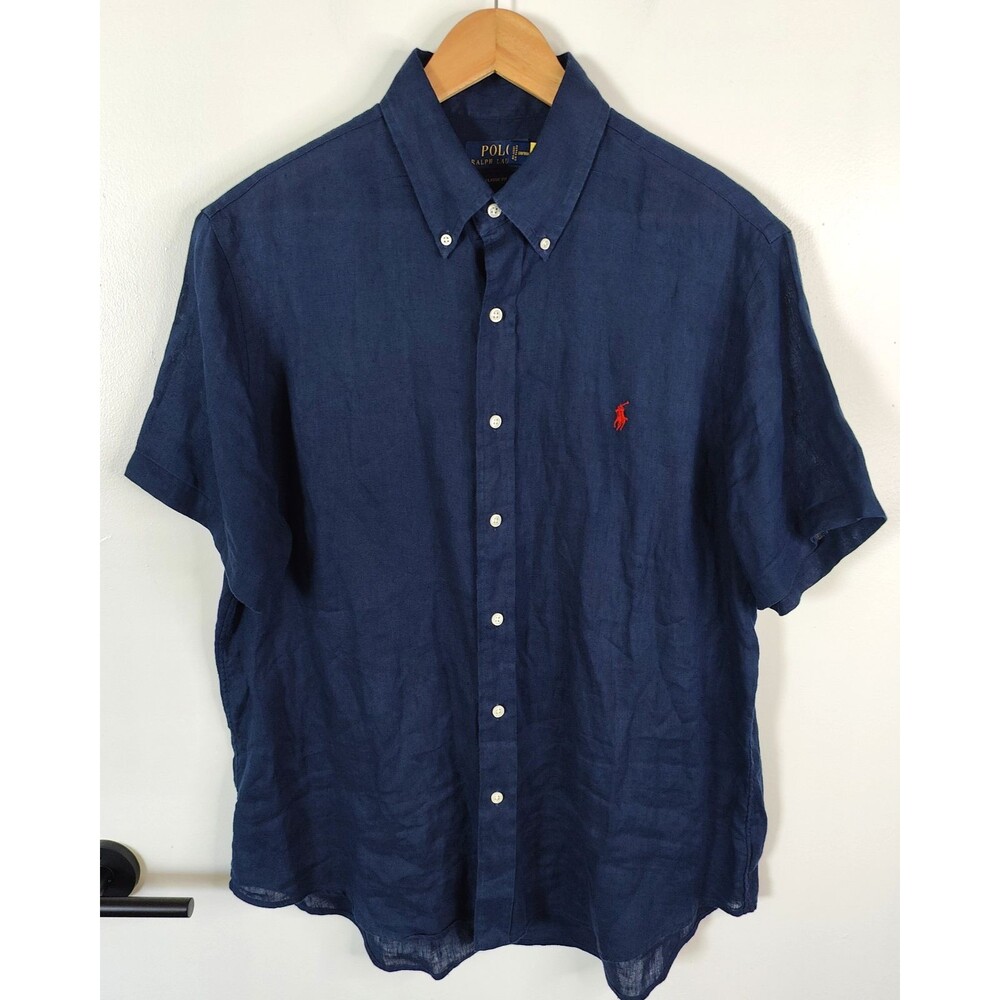 Polo Ralph Lauren Shirt Mens Large Blue Linen Short Sleeve Button Down Pony Logo
